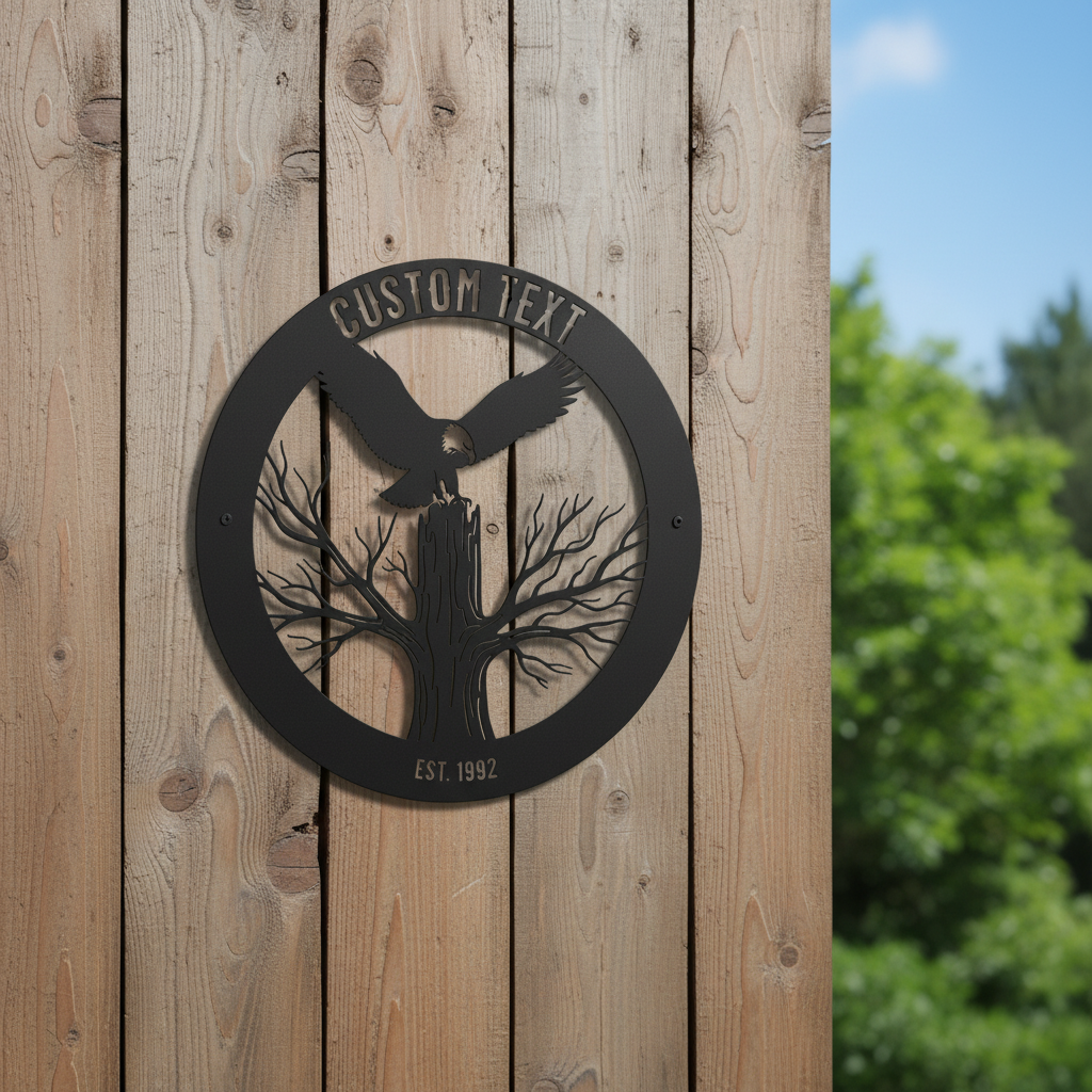 Personalisiertes rundes Familienschild mit Adler, Baum und Jahr aus schwarzem Stahl – Bild 7