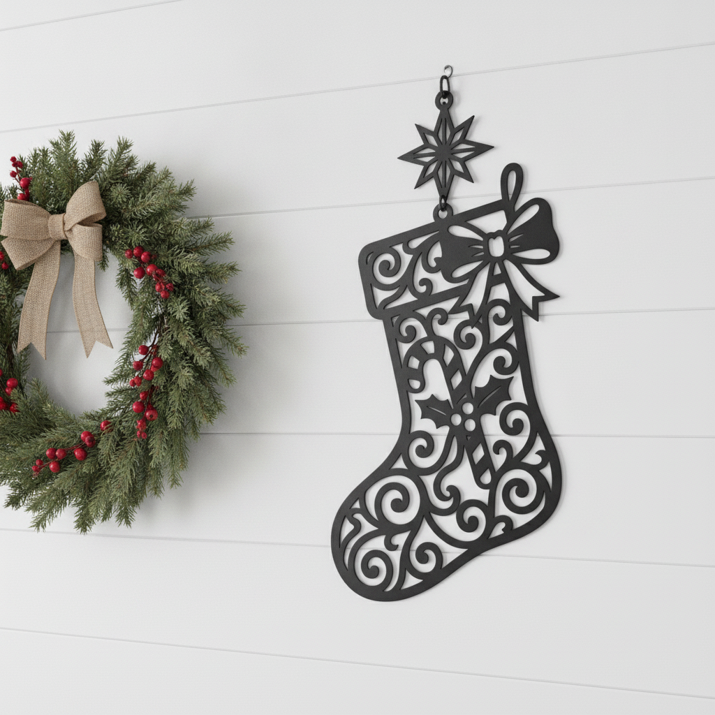 Christmas stocking metal sign with candy cane and star in black steel – image 10