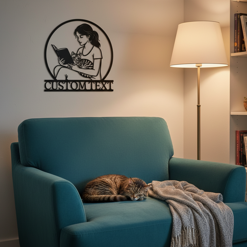 Personalized reading cat metal sign with custom name in black steel – image 2