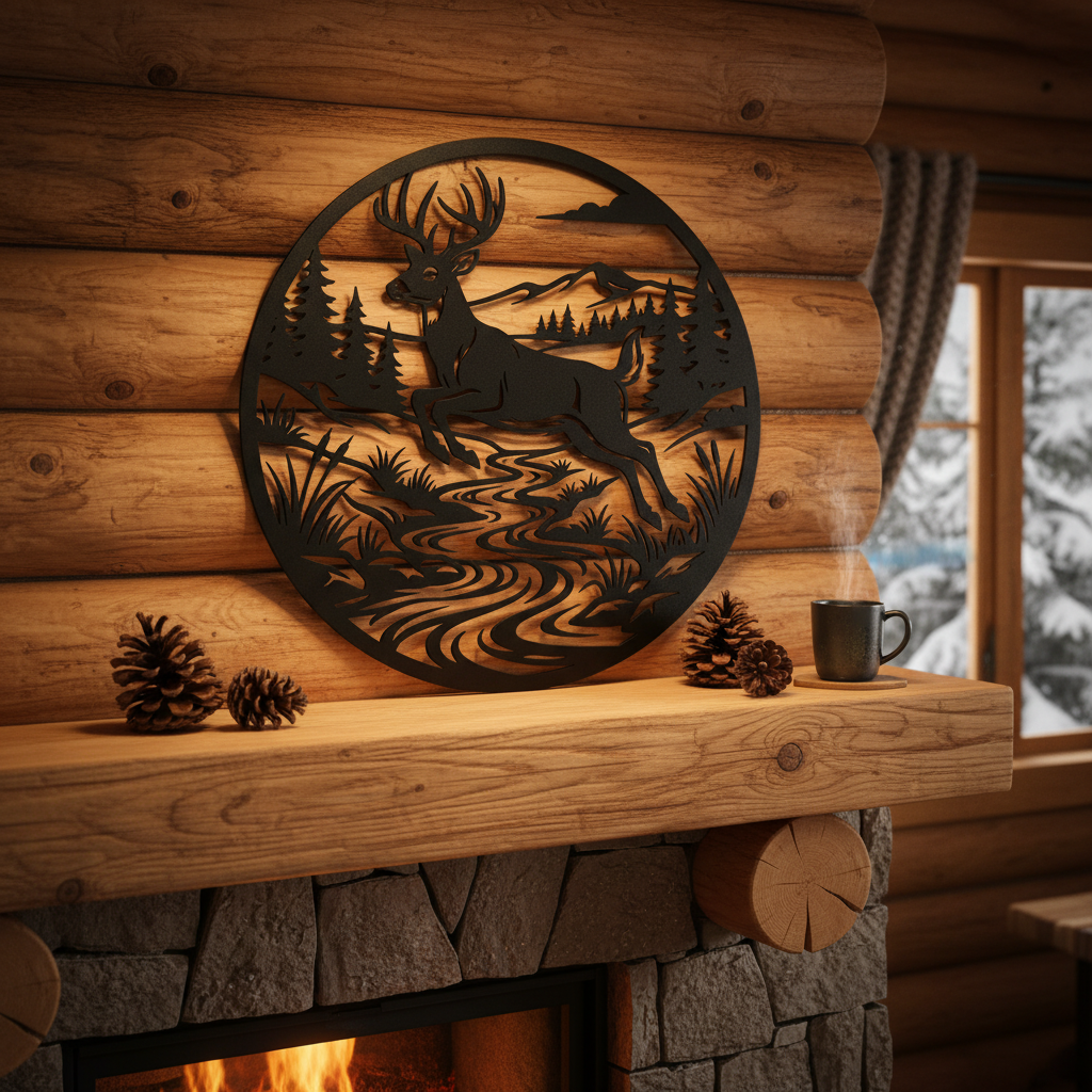 Round metal sign with deer leaping over a river, mountains and forest in black steel – image 6