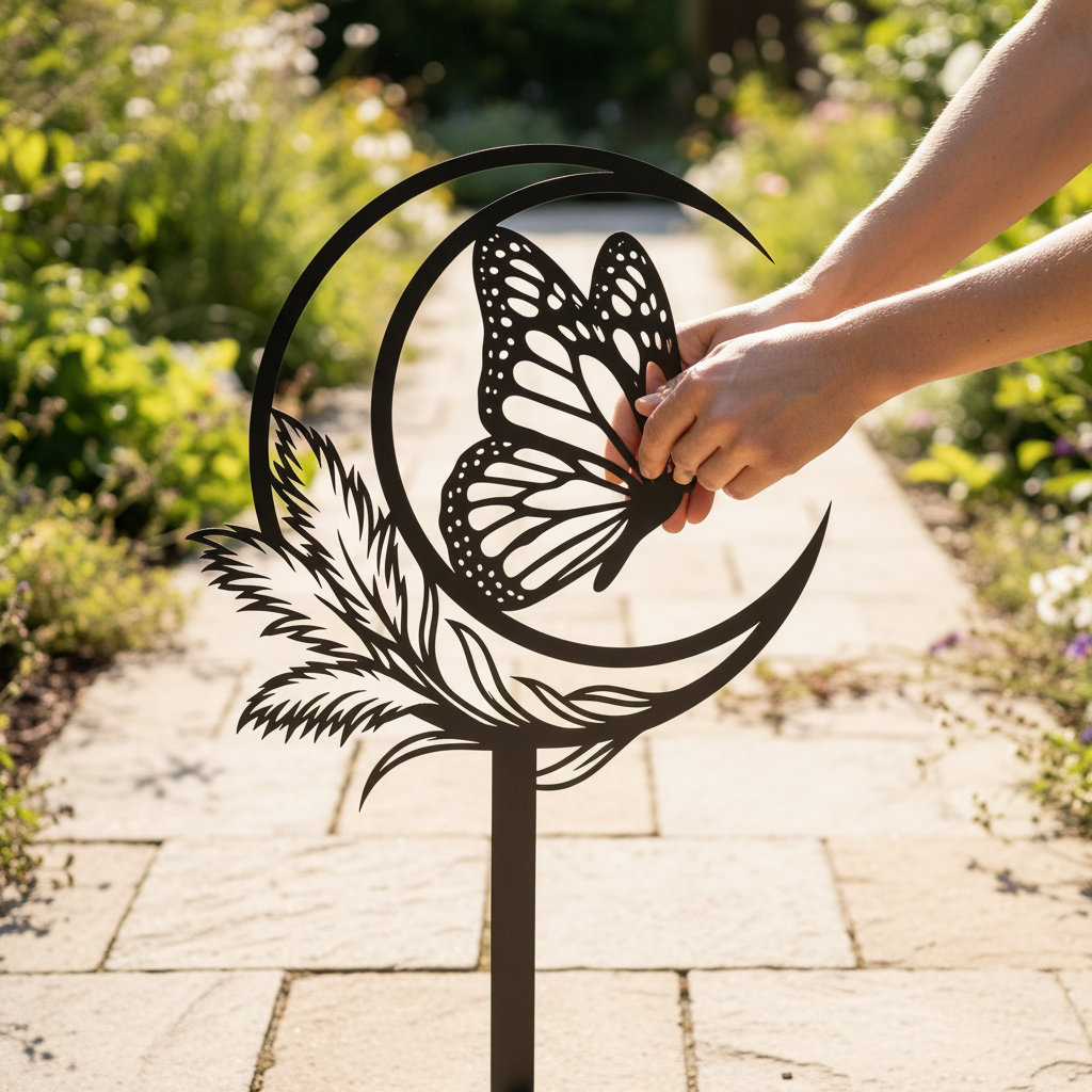 Butterfly with crescent moon and feather garden stake in black steel – image 8