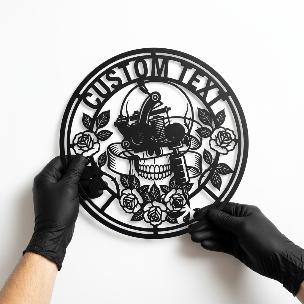 Personalisiertes Tattoostudio Metallschild rund mit Tattoomaschine, Totenkopf und Rosen – Bild 2