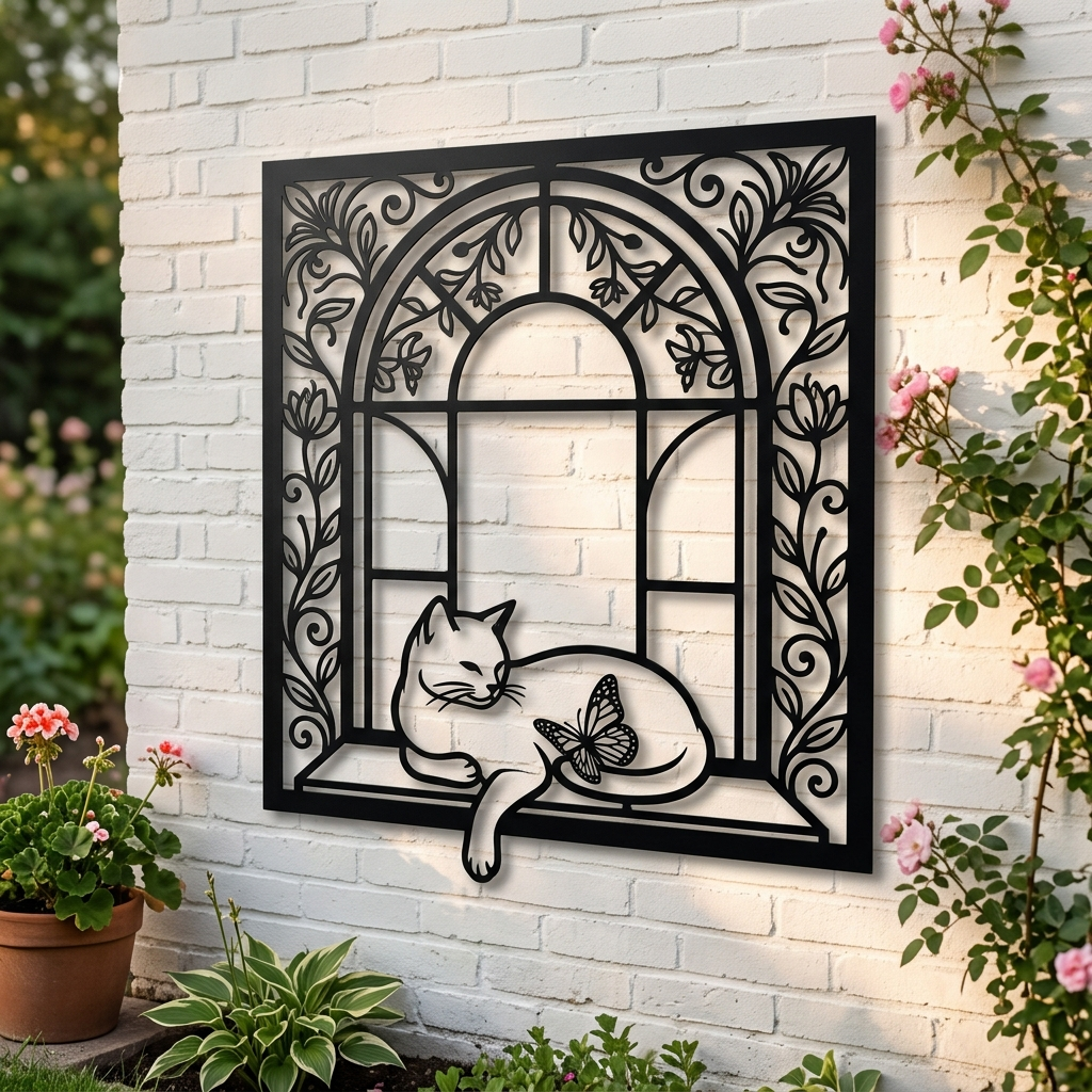 Katze im Bogenfenster Metallschild