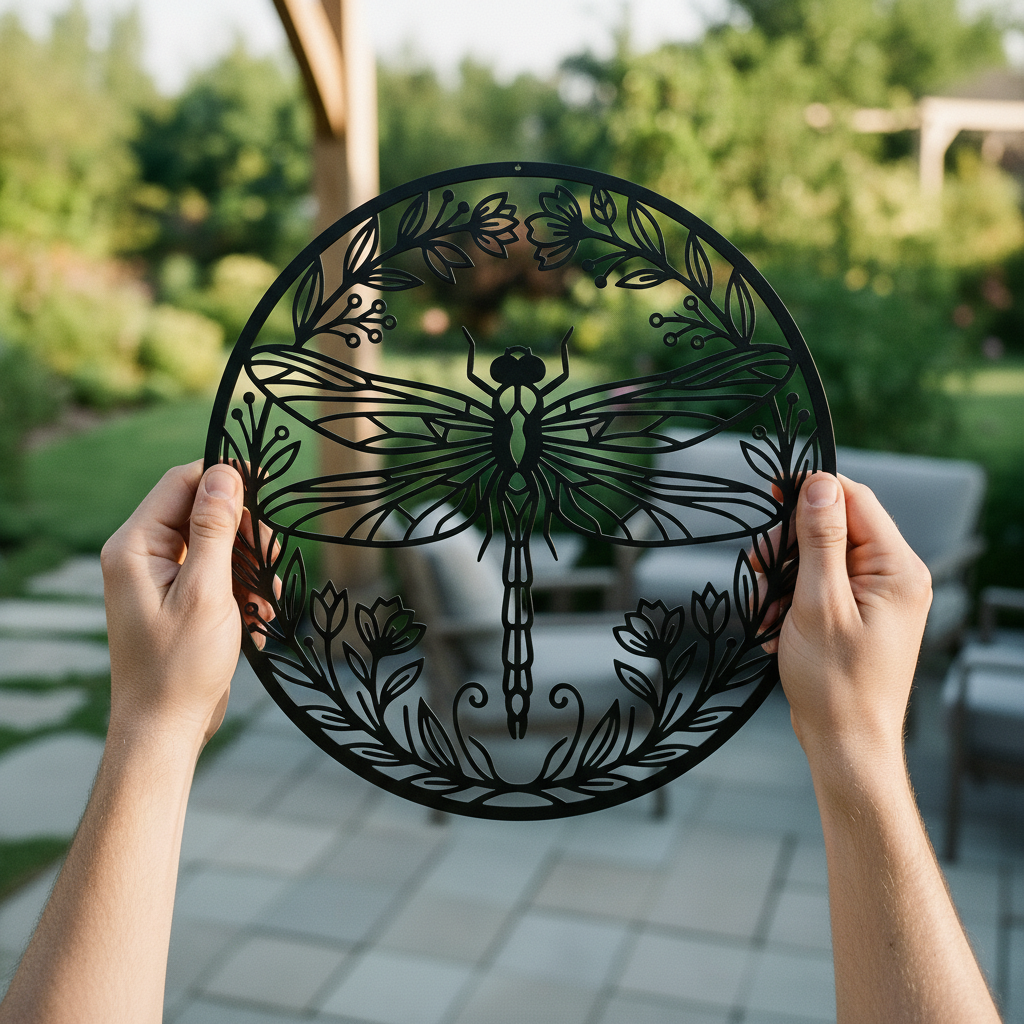 Rundes Libelle Metallschild im Blumenkranz aus schwarzem Stahl – Bild 3