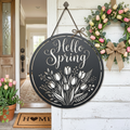 Rundes Metallschild Hello Spring mit Tulpenstrauß aus schwarzem Stahl