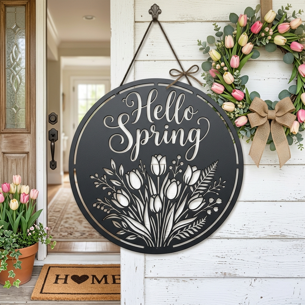 Hello Spring Tulpenstrauß Metallschild rund – Bild 1