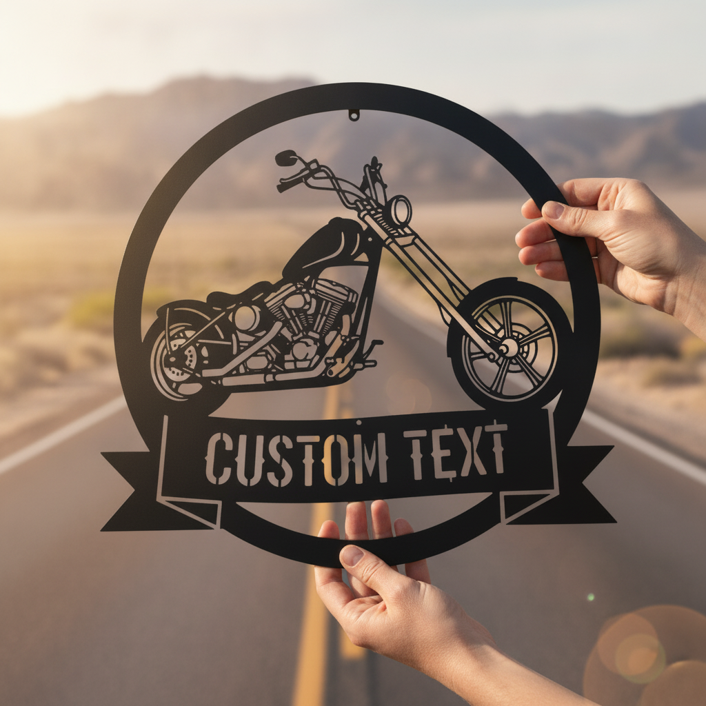 Personalized chopper motorcycle garage sign with name in black steel – image 3