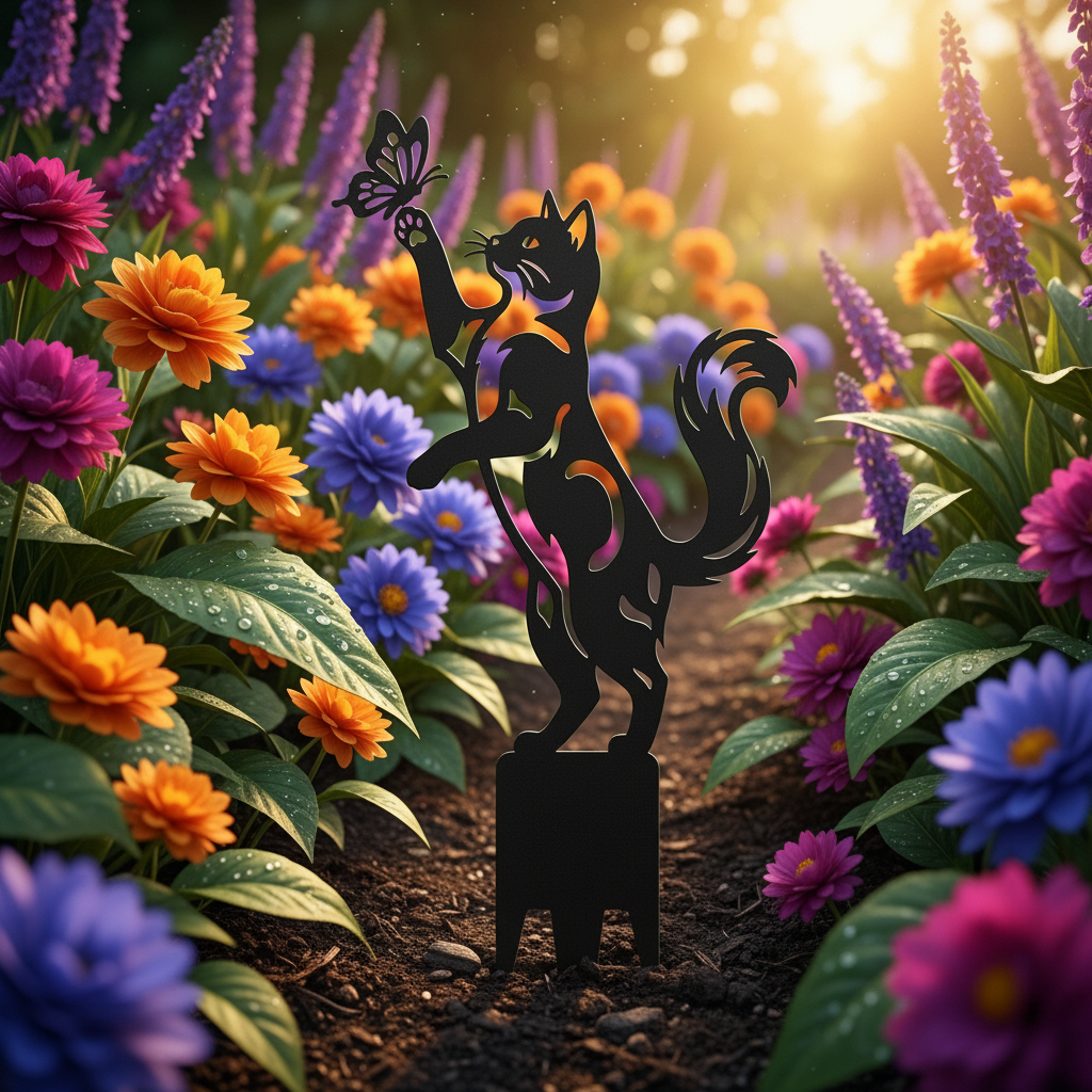Stehende Katze mit Schmetterling und Pfote Gartenstecker – Bild 6