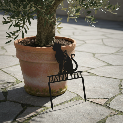 Personalized cat and butterfly memorial garden stake with name in black steel