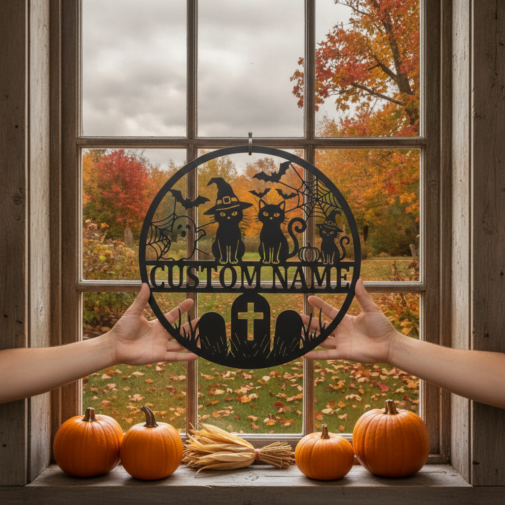 Personalisiertes Halloween Katzenschild mit Namen aus schwarzem Stahl – Bild 7