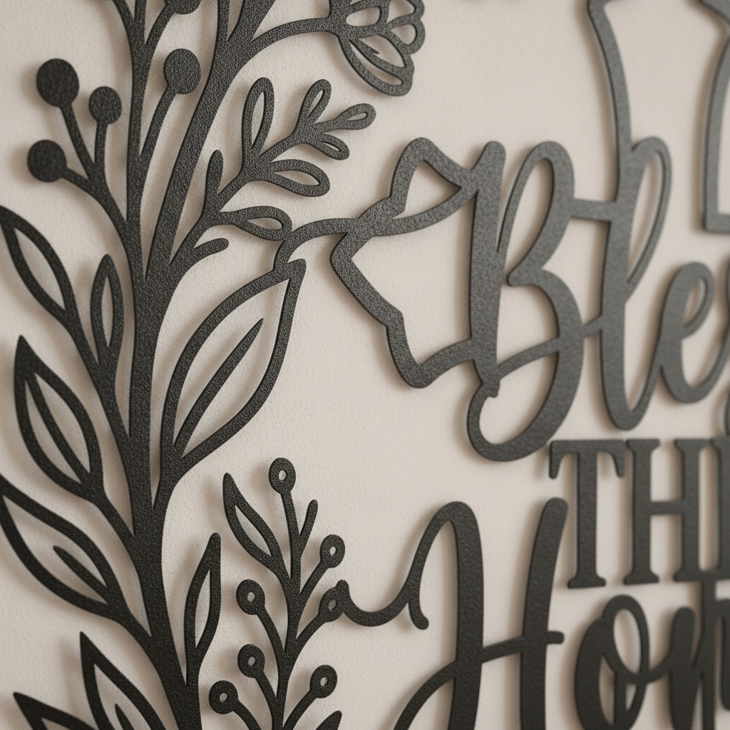 Rundes Haussegen-Metallschild „Bless this Home“ mit Kreuz und Blätterkranz aus schwarzem Stahl – Bild 9