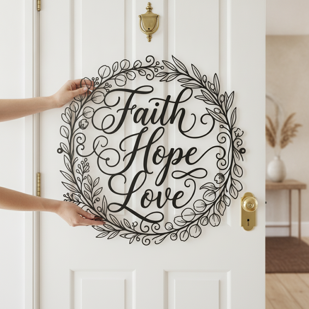 Round Faith Hope Love metal sign with delicate wreath in black steel – image 10