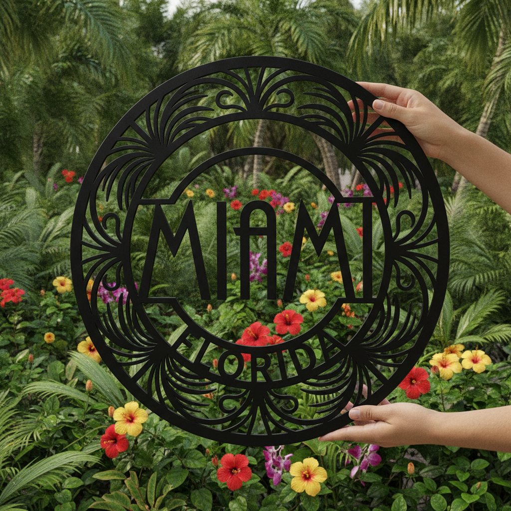 Round Miami metal sign with Art Deco buildings and palm trees in black steel – image 4