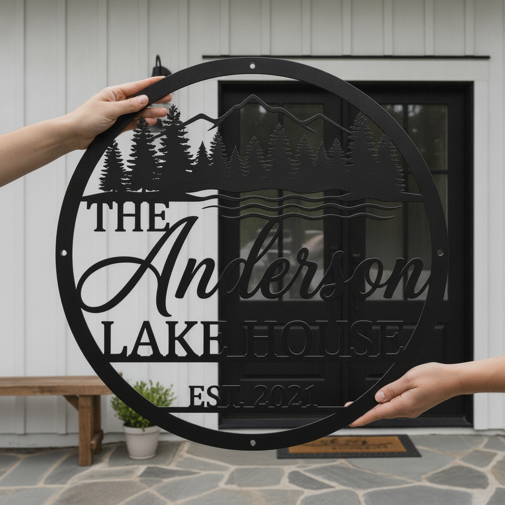 Personalized round lake house sign with mountains and pine trees in black steel – image 5