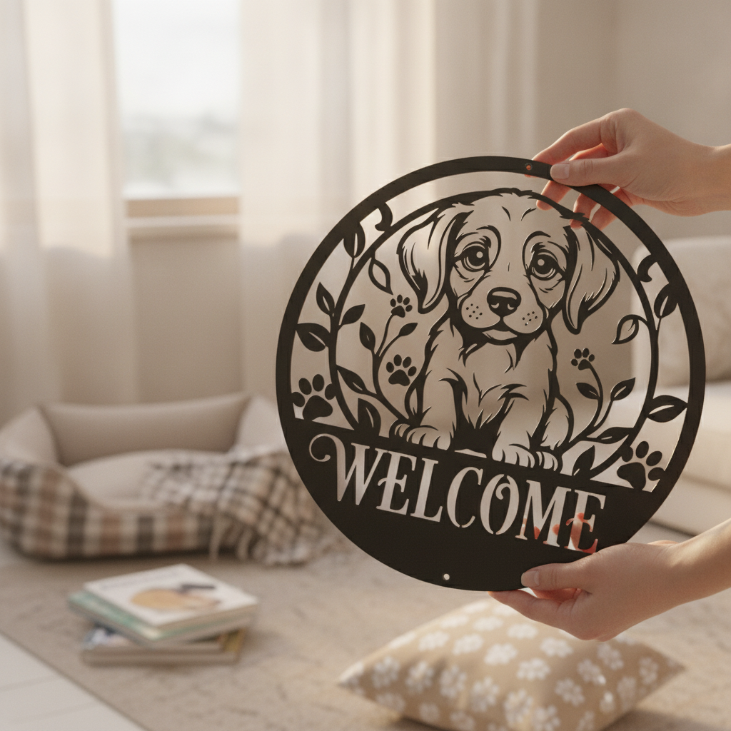 Round puppy welcome sign with paw prints in black steel – image 9