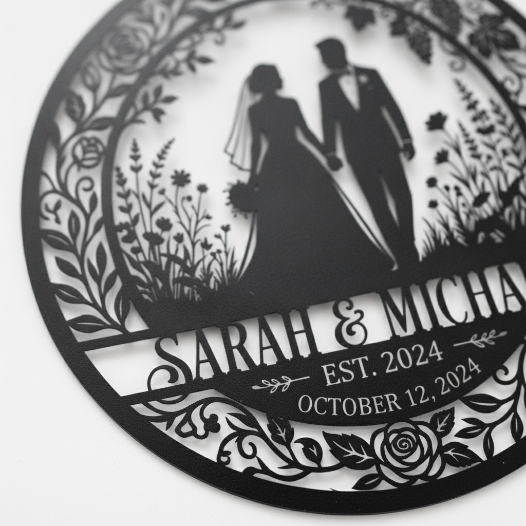 Personalized bride and groom silhouette metal sign with names and wedding date – image 6