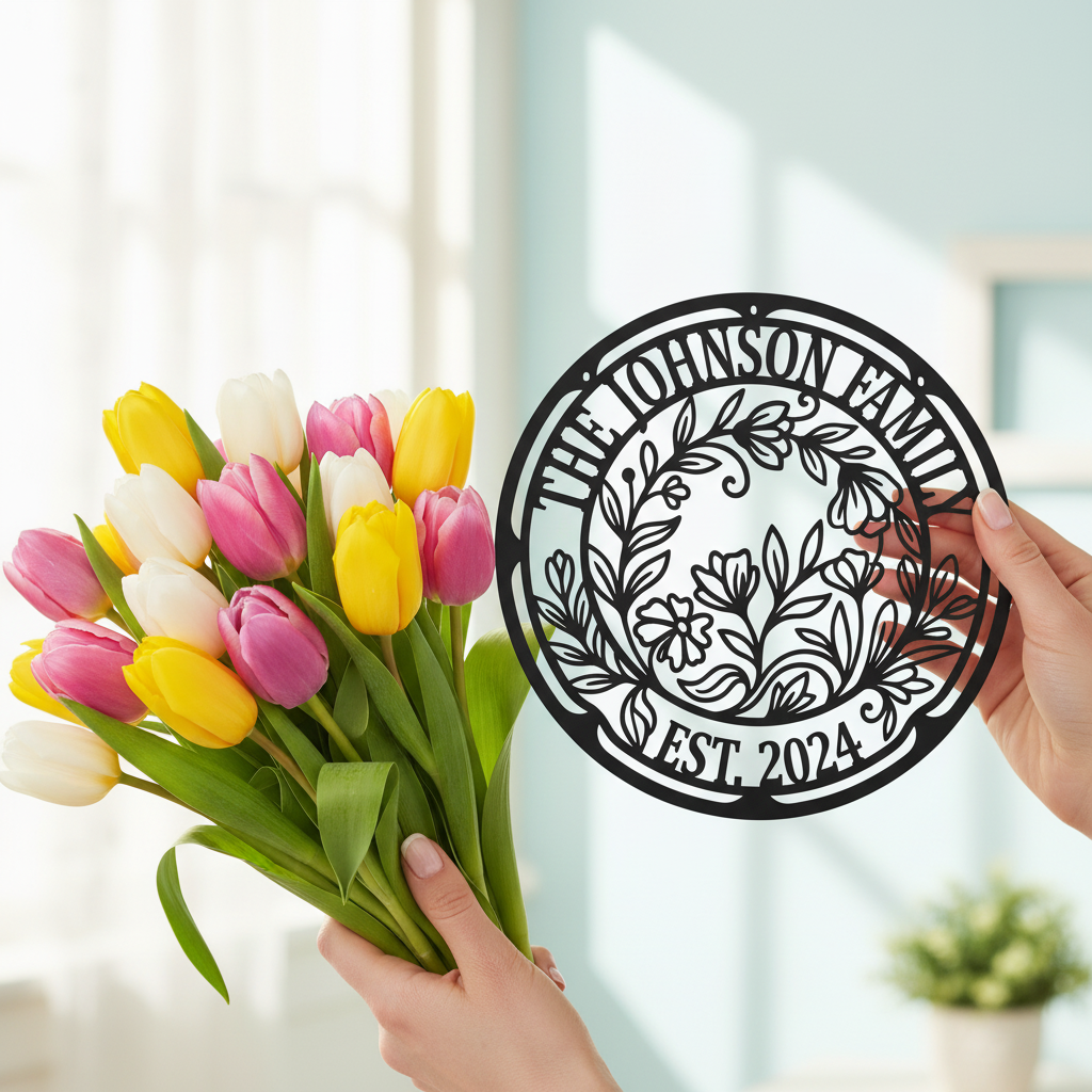 Personalisiertes rundes Familienschild mit Blumenkranz aus schwarzem Stahl – Bild 10