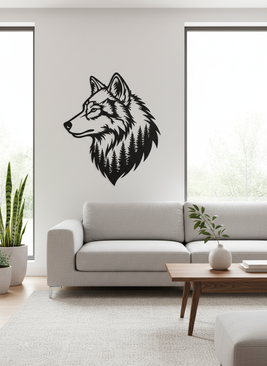 Wolfskopf mit Kiefernwald Metall Wanddeko matt schwarz – Bild 7