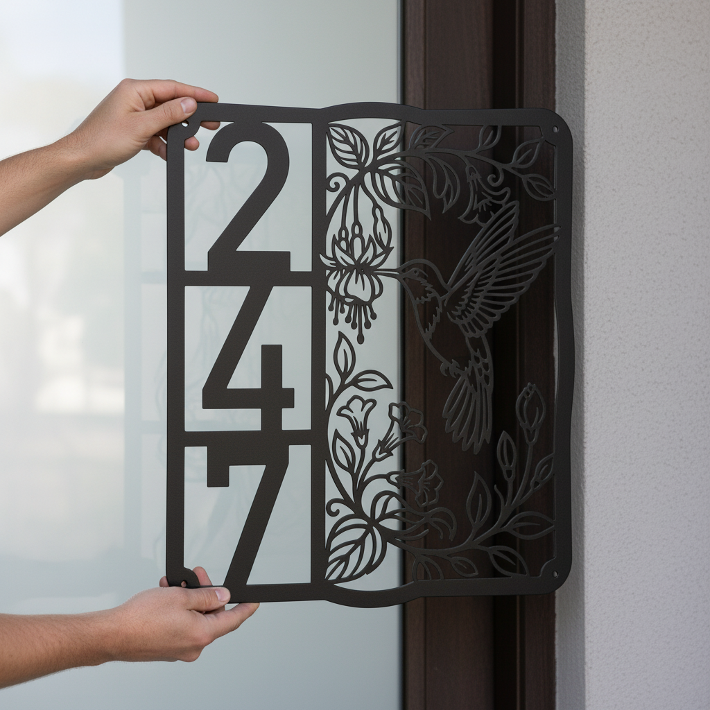 Custom house number sign with hummingbird and street name in black steel – image 7