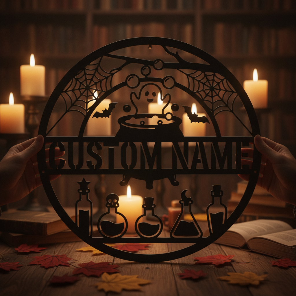 Personalized witch cauldron Halloween sign with name in black steel – image 7