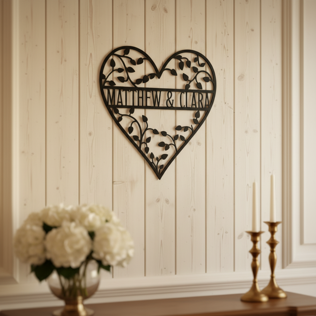 Personalized heart metal sign with leafy vines and couple names in black steel