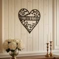 Personalized heart metal sign with leafy vines and couple names in black steel