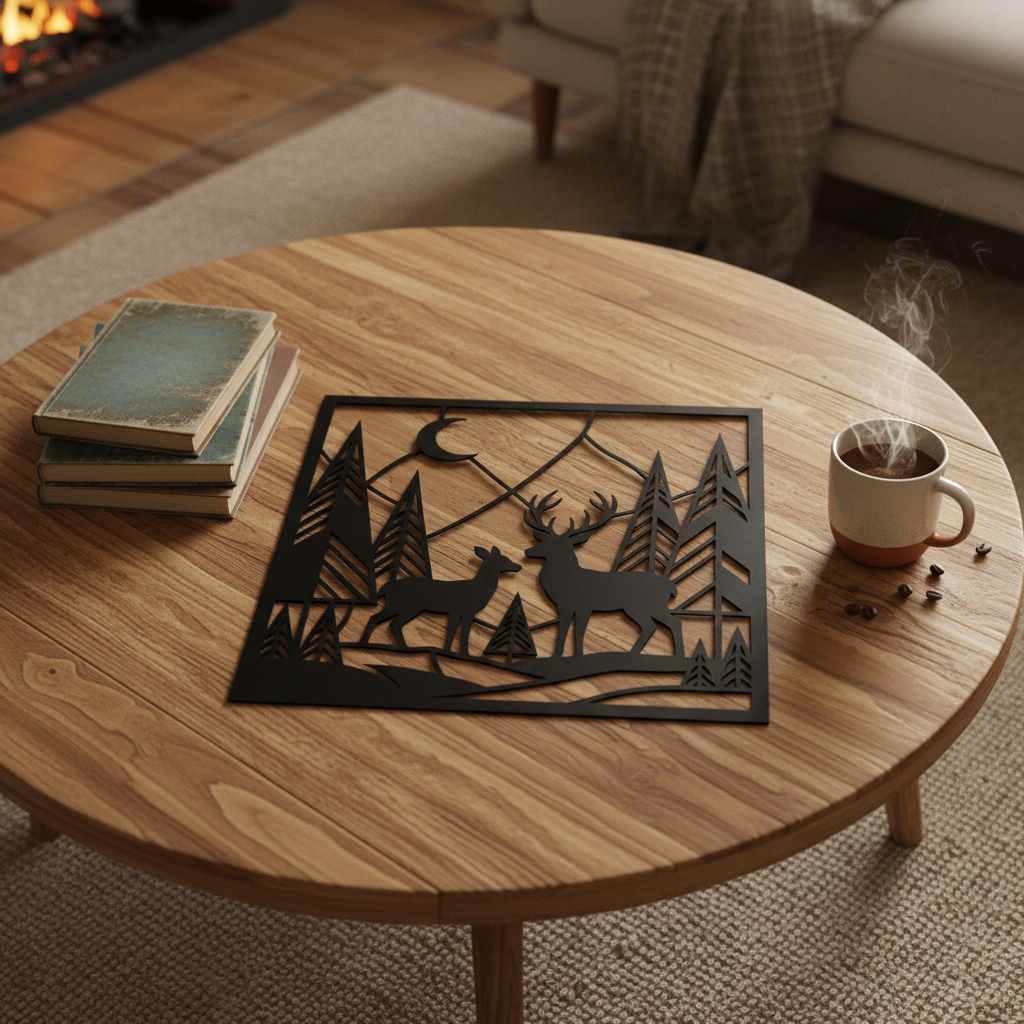 Personalized deer family name sign with forest and mountains in black steel – image 9
