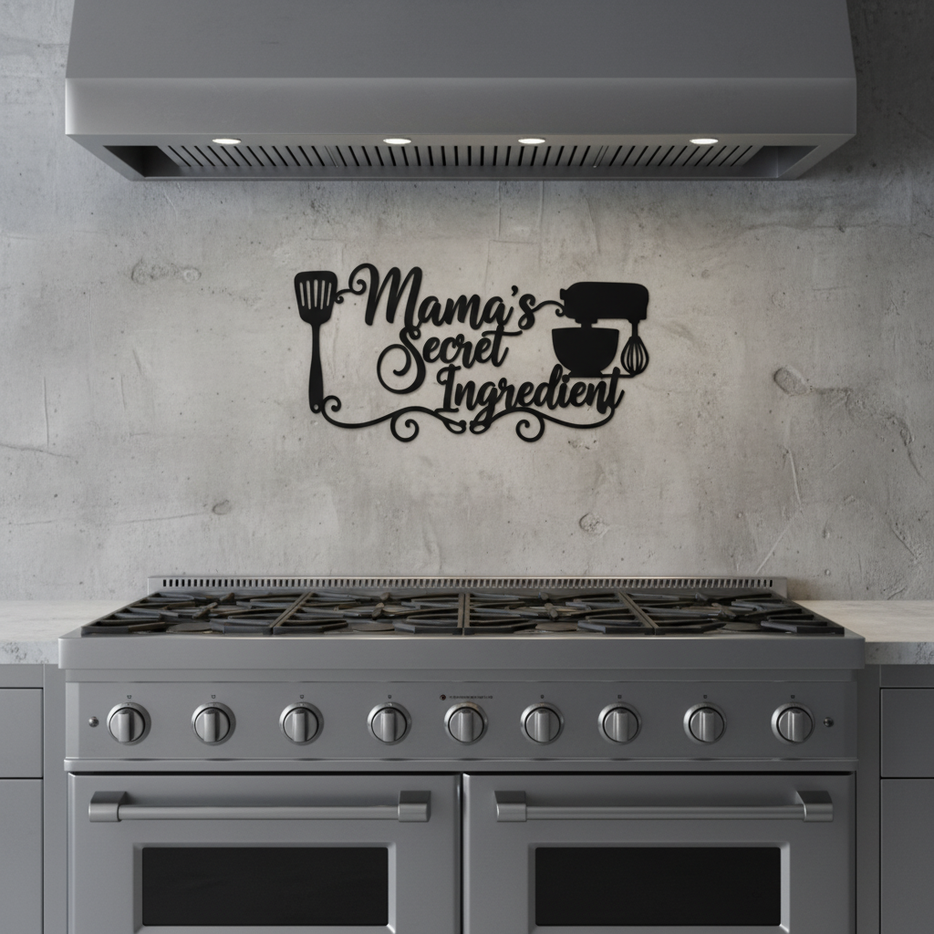 Küchenschild Mama’s Secret Ingredient mit Küchenmaschine aus schwarzem Stahl – Bild 4