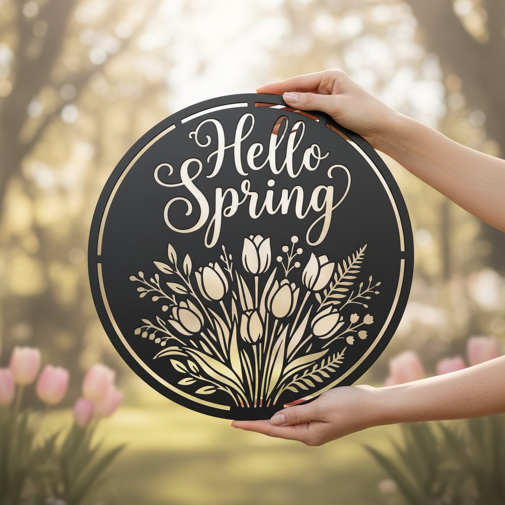 Rundes Metallschild Hello Spring mit Tulpenstrauß aus schwarzem Stahl – Bild 3