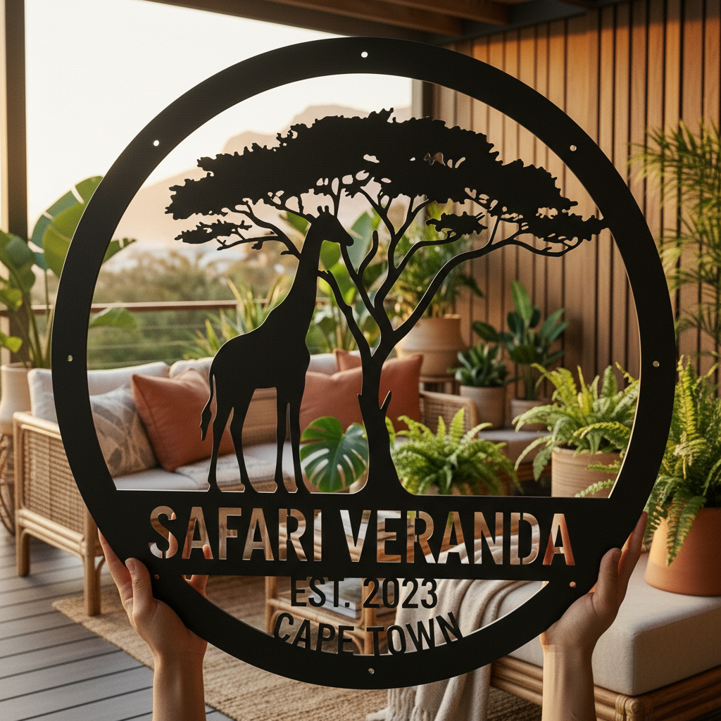 Personalisiertes rundes Safari Metallschild mit Giraffe, Akazie und Namen aus schwarzem Stahl – Bild 4