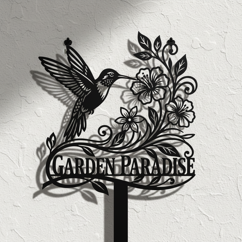 Hummingbird garden stake with flowers in black steel for beds and planters – image 4