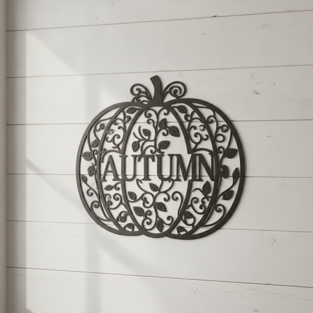 Fall pumpkin metal wall art with filigree vines and autumn leaves in black steel – image 2