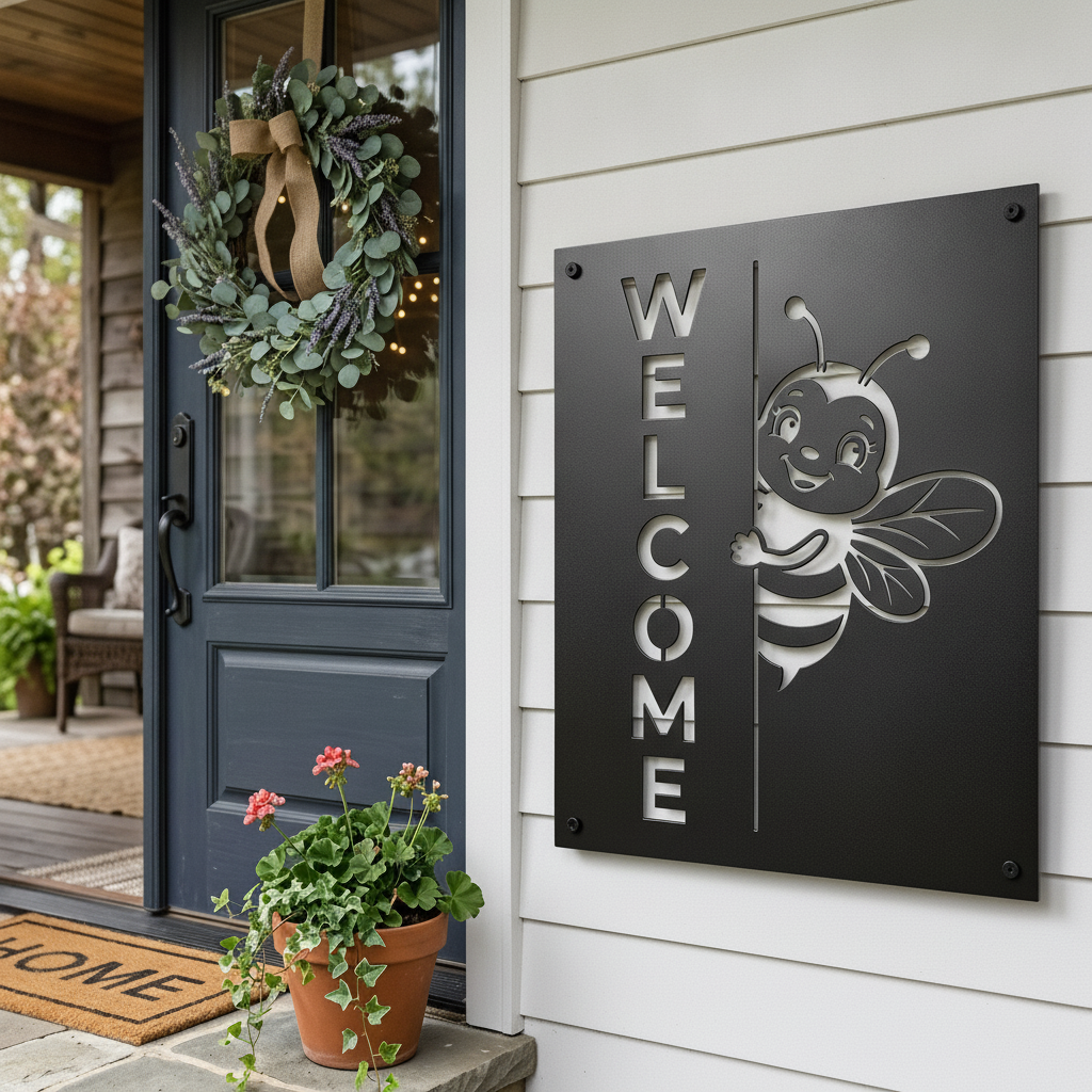Square bumblebee welcome metal sign in black steel – image 6