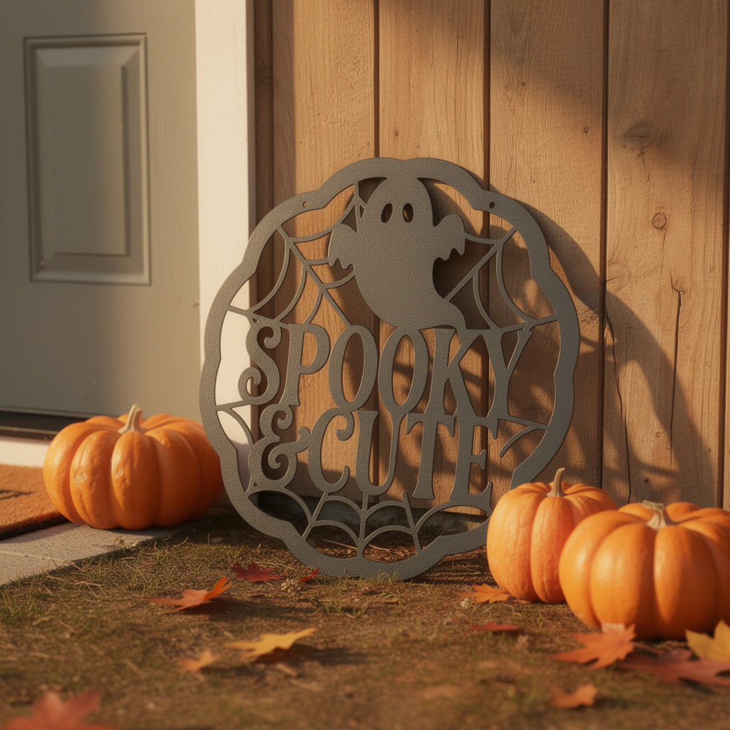 Spooky and Cute Geist mit Spinnennetz rundes Metallschild – Bild 5