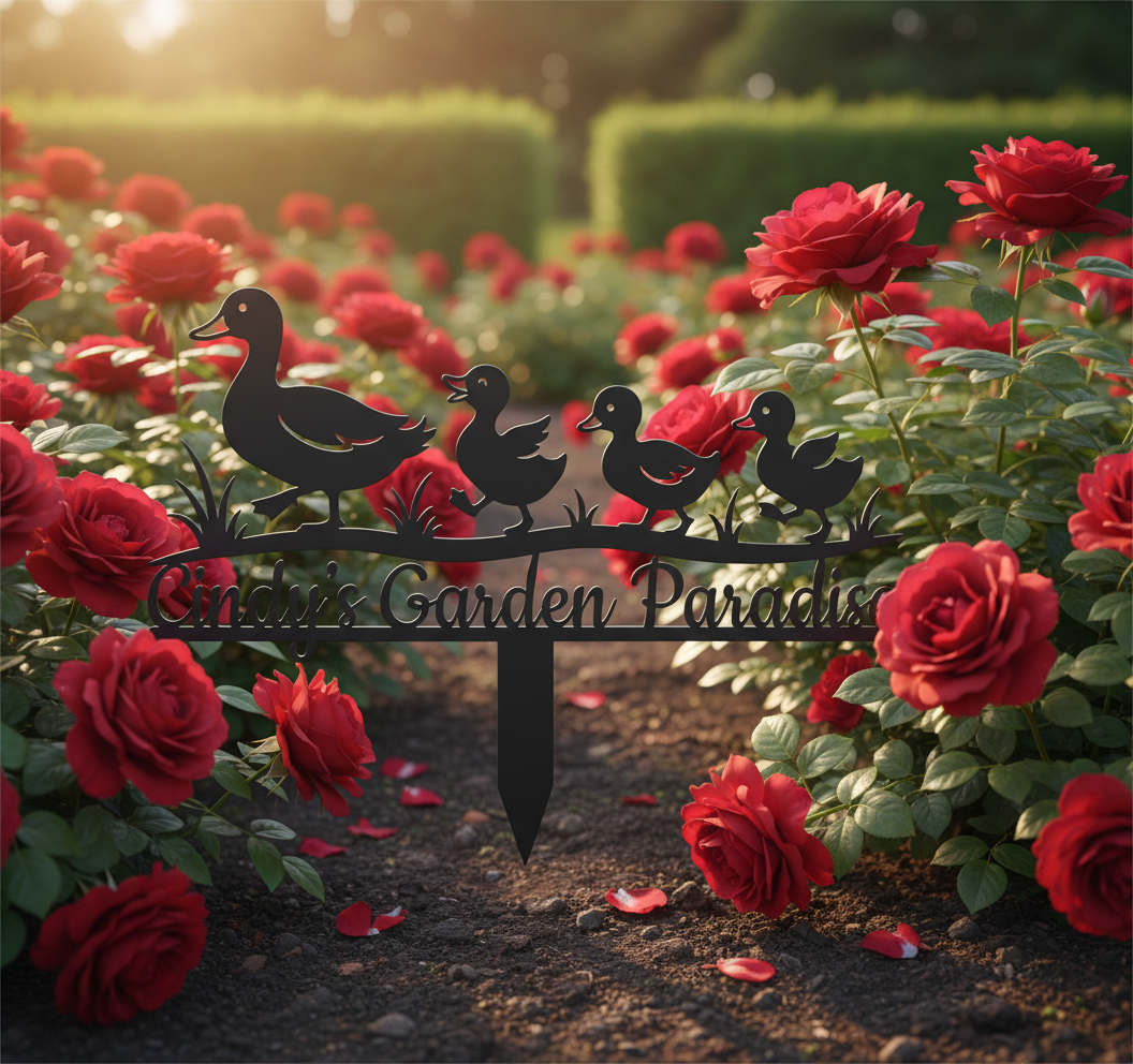 Personalisierter Gartenstecker Entenfamilie mit Entenmama, Küken und Familienname aus schwarzem Stahl – Bild 10