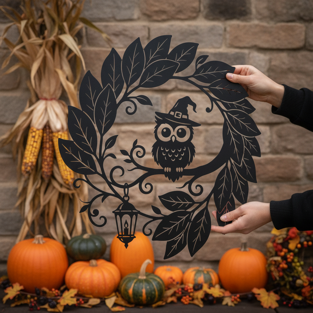 Round Halloween witch and owl metal sign with lantern and leaf wreath – image 5
