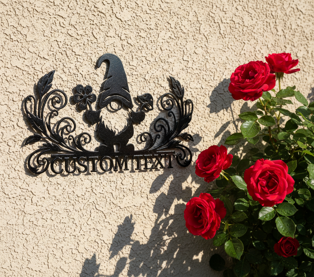 Personalized garden gnome metal sign with flowers, mushroom and name in black steel – image 3