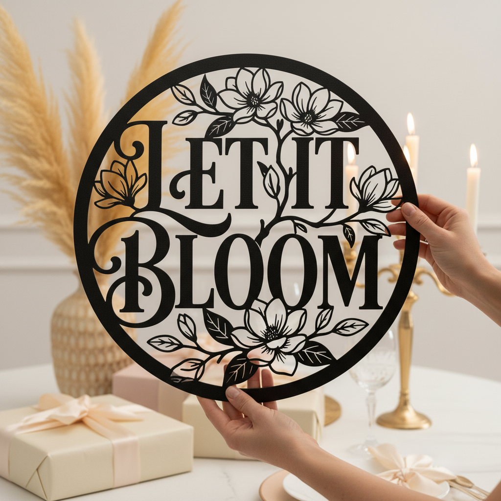 Personalisiertes rundes Gartenschild Let it Bloom mit Blumenkranz und Namen – Bild 10