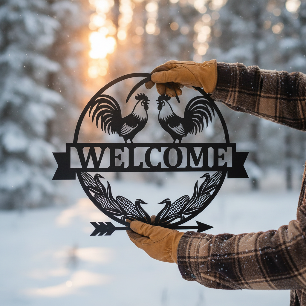Round rooster welcome sign with corn cobs in black steel – image 8