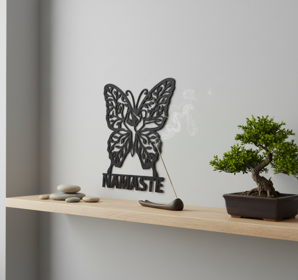 Yoga Wanddeko aus Metall mit meditierender Schmetterlingsfigur und Namaste – Bild 6