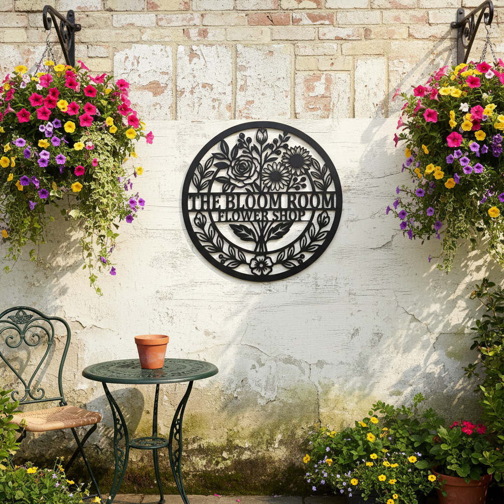 Personalized round flower shop metal sign with flowers and vines in black steel – image 3