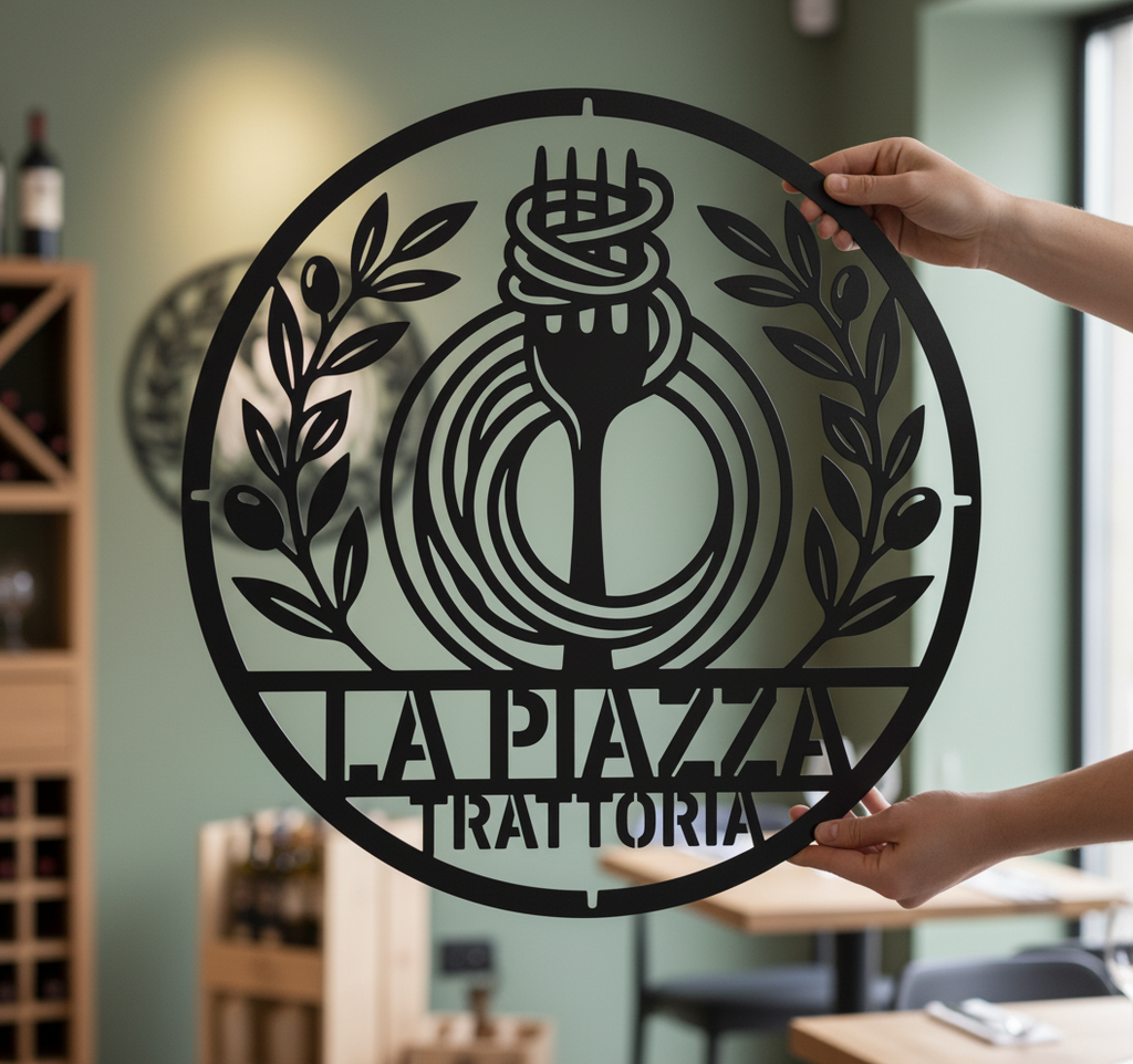 Personalized round Italian kitchen metal sign with pasta fork and olive branches – image 7