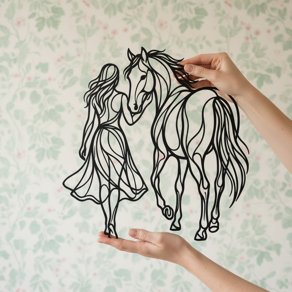 Frau mit Pferd als elegante Silhouette, Wanddeko aus schwarzem Stahl – Bild 10