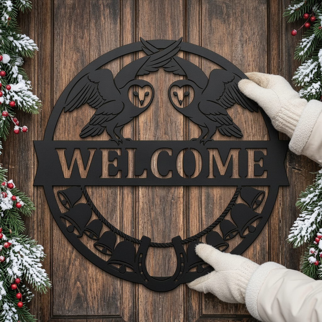 Round owl welcome sign with bells and horseshoe in black steel – image 10