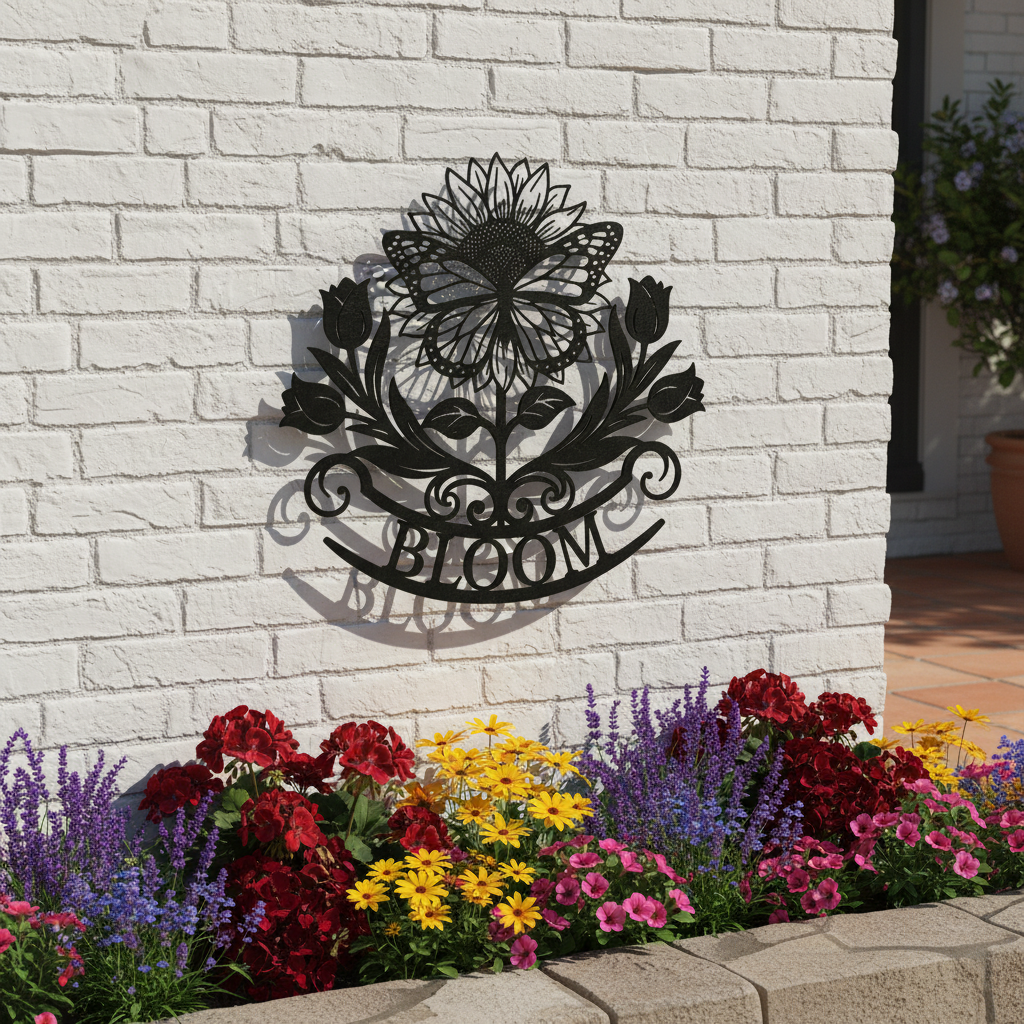 Bloom metal sign with sunflower, tulips and butterfly in black steel – image 8