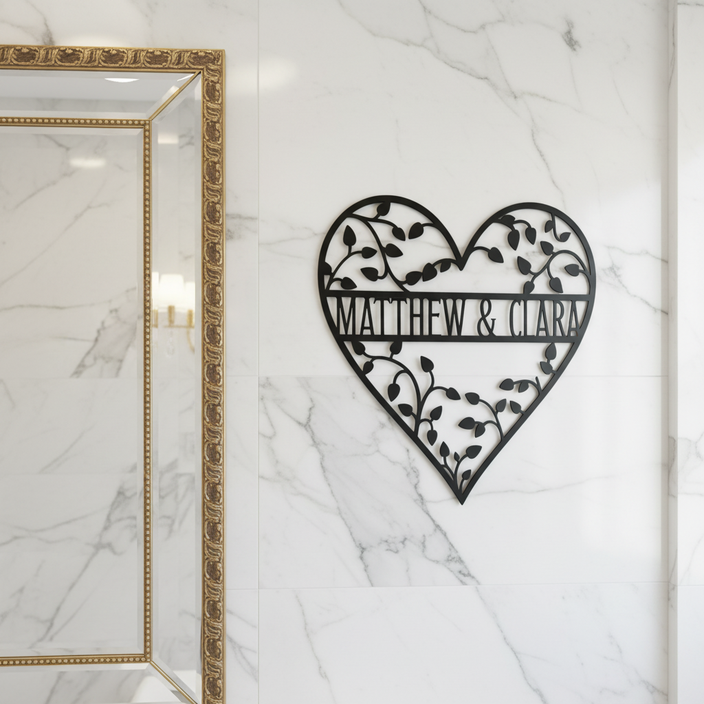 Personalized heart metal sign with leafy vines and couple names in black steel – image 3