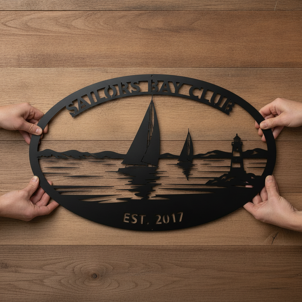 Personalized oval sailing club sign with sailboat and lighthouse in black steel – image 3