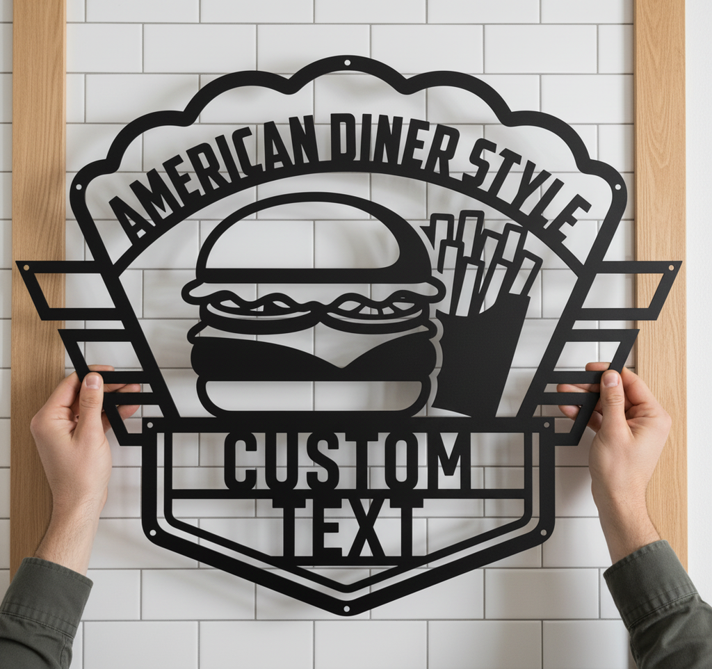 Personalized American diner metal sign with burger and fries in black steel – image 3