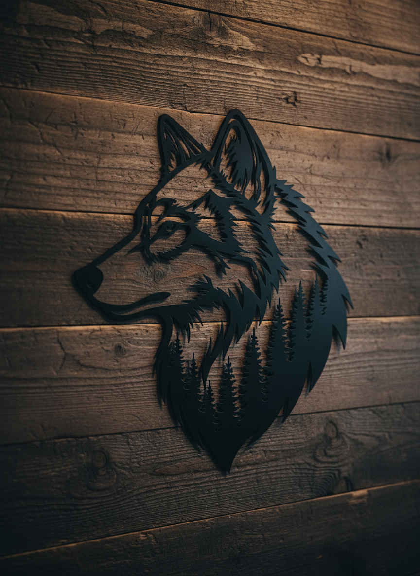 Wolfskopf mit Kiefernwald Metall Wanddeko matt schwarz – Bild 4