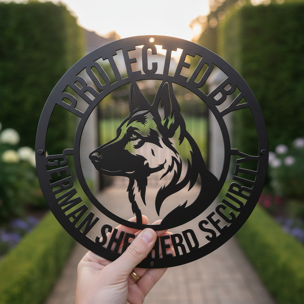 Rundes Schäferhund Warnschild Protected by German Shepherd aus schwarzem Stahl – Bild 8